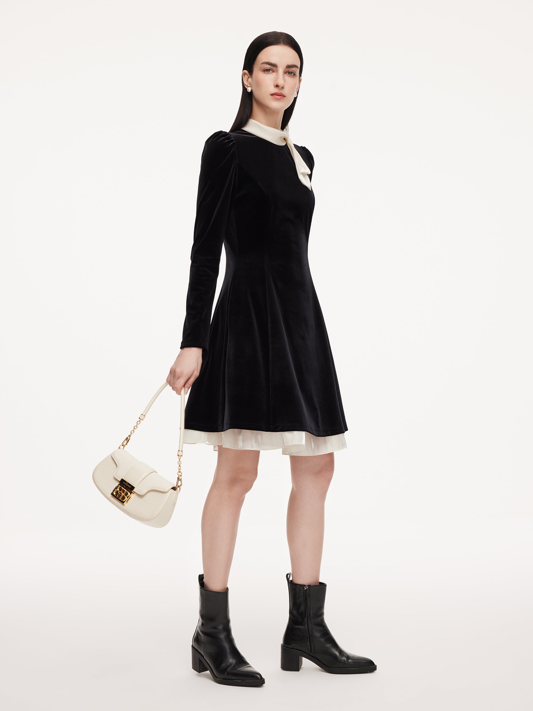 Velvet Long Sleeve Women Mini Dress With Detachable Bowknot GOELIA