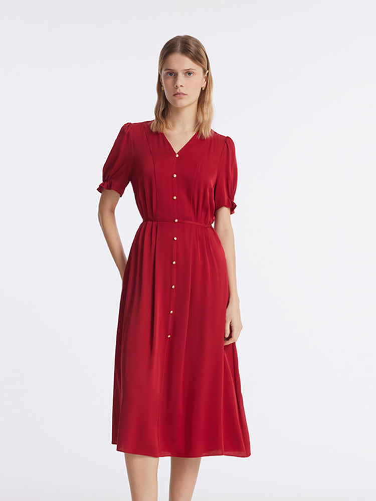 22 Momme Mulberry Silk V-Neck Single-Breasted Women Midi Dress GOELIA