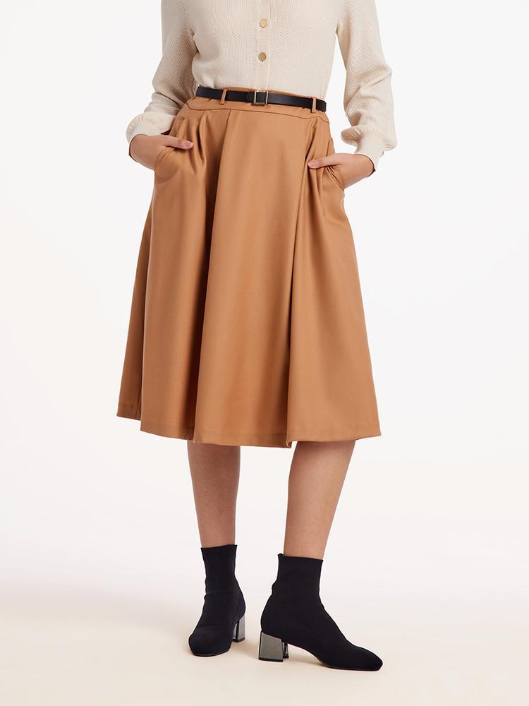 Worsted Woolen A-shaped Half Skirt With Leather Belt GOELIA