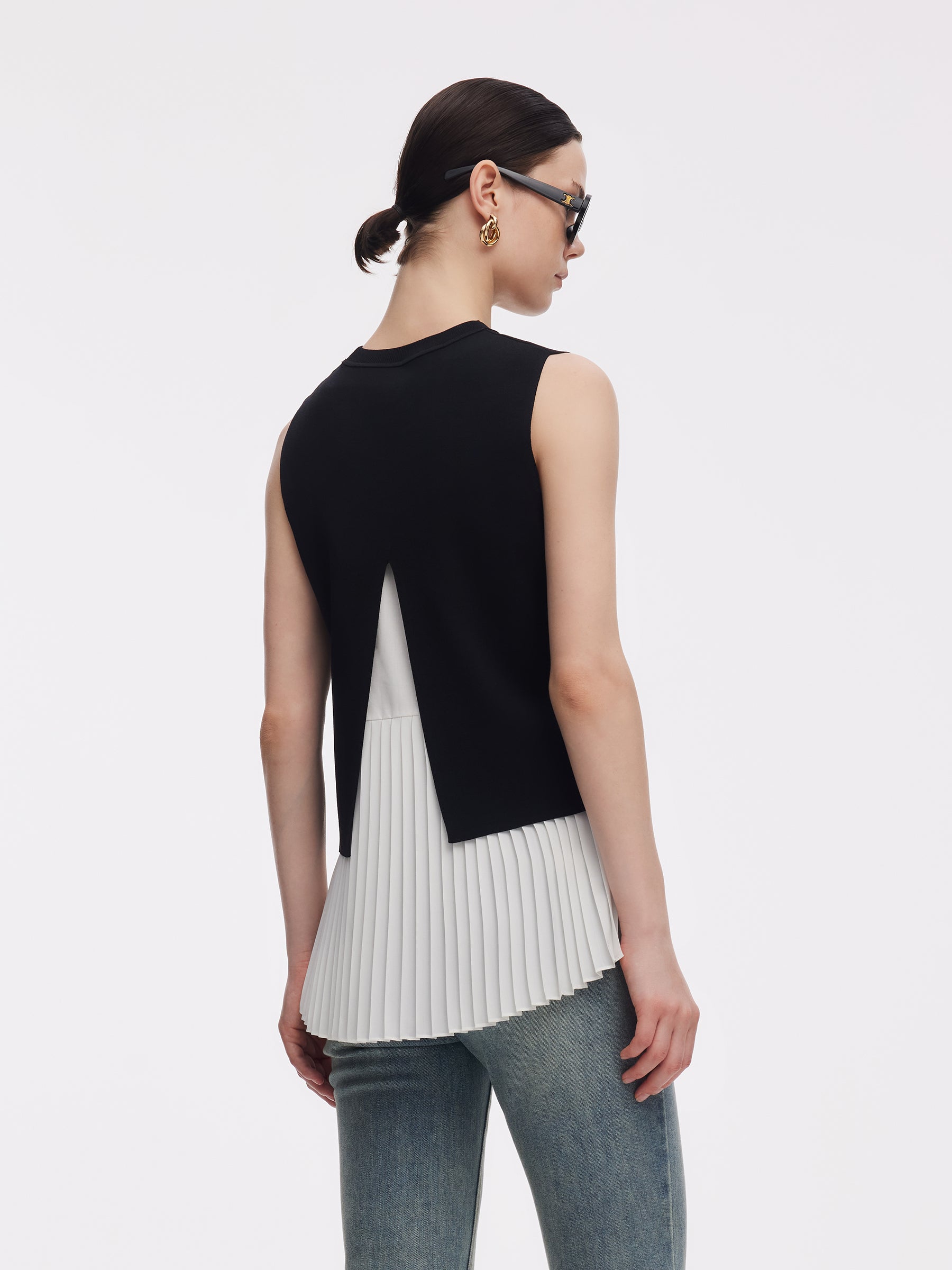 Lyocell Blend Knit Tank Top And Back Pleated Blouse Two-Piece Set GOELIA