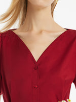 Petal Sleeves Gathered Waist V-Neck Women Midi Dress With Belt GOELIA