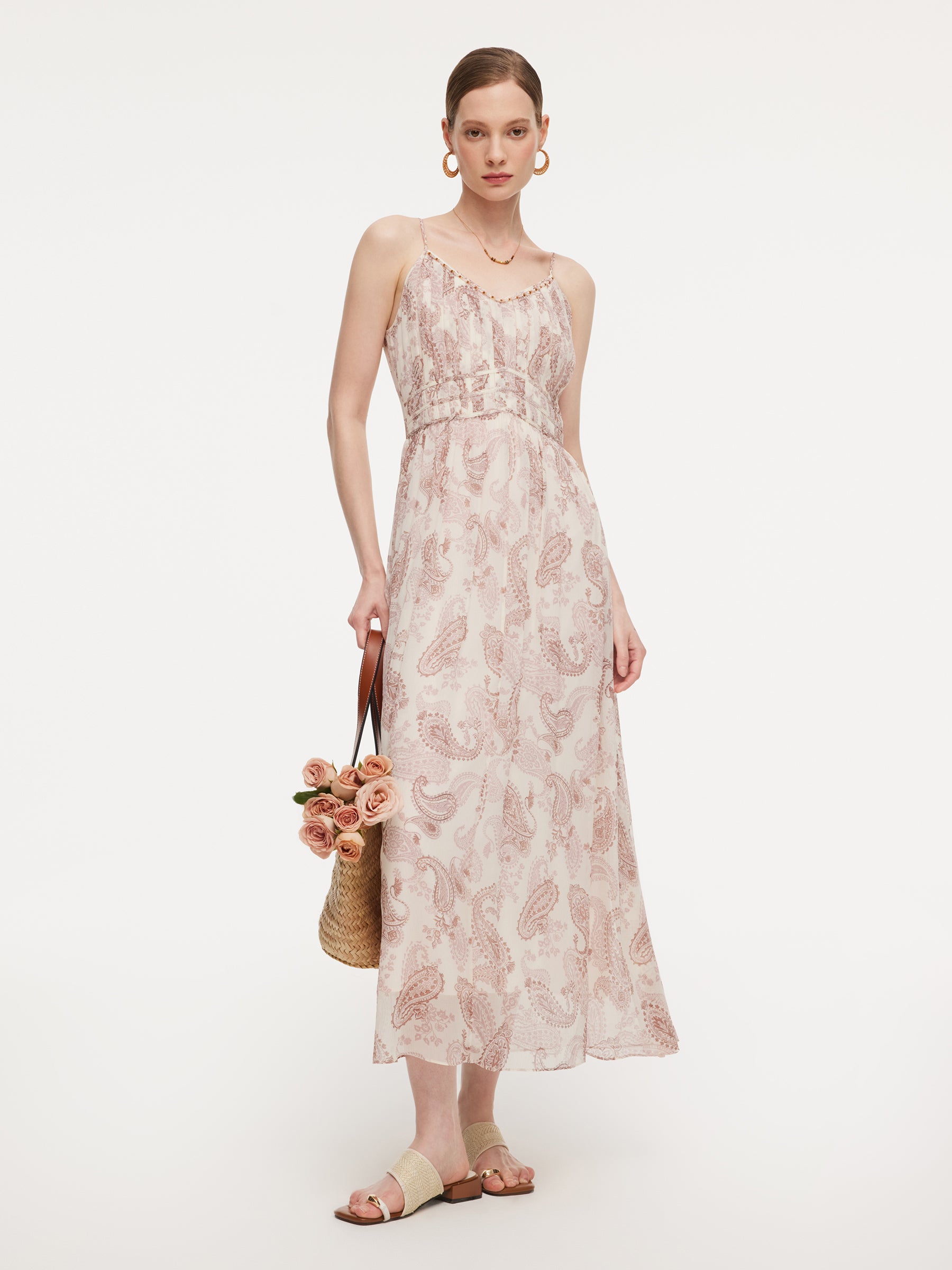 10MM Mulberry Silk Paisley Print Women Strap Maxi Dress GOELIA