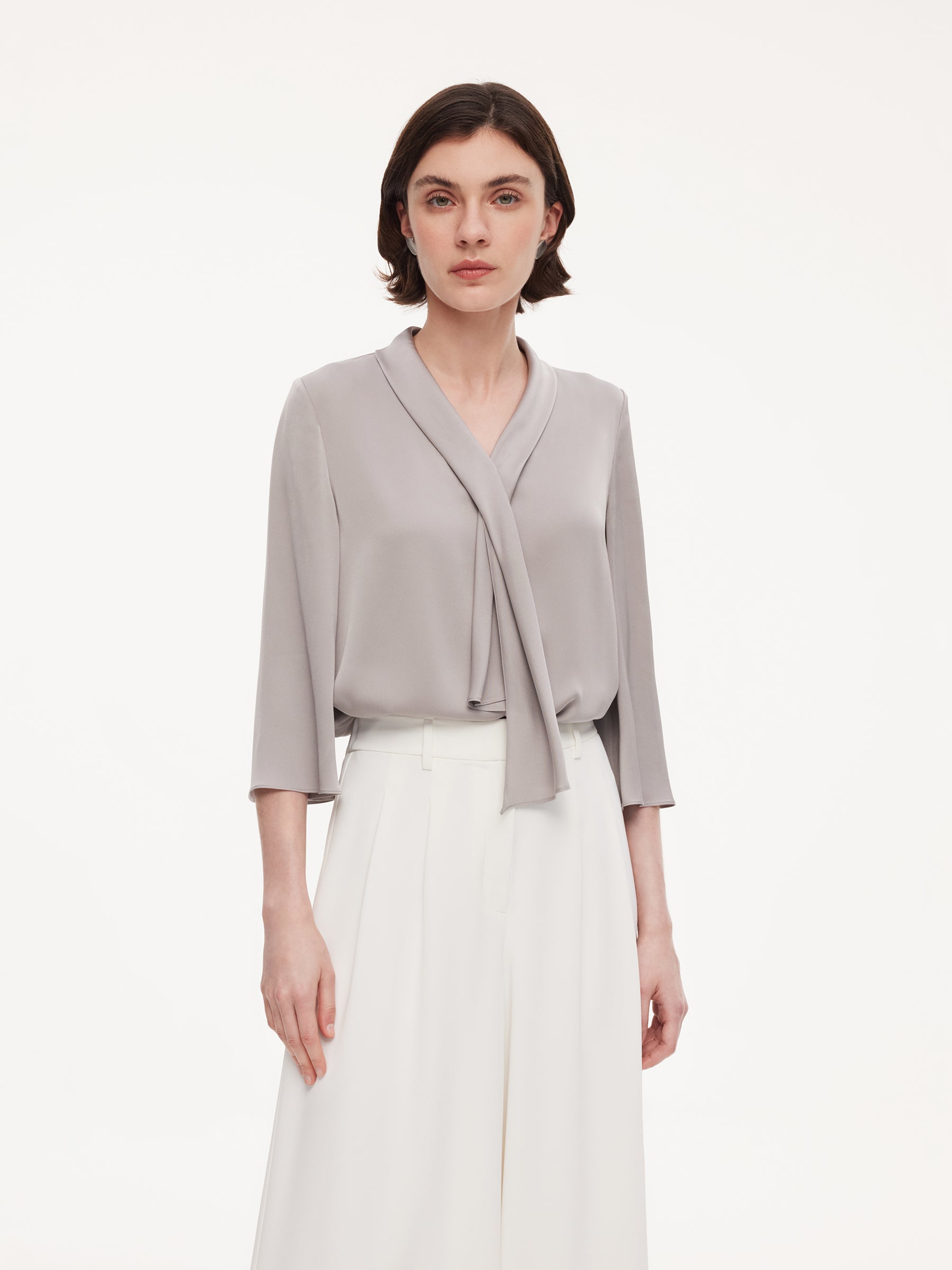 22MM Mulberry Silk Tie Neck Women 3/4 Sleeve Blouse GOELIA