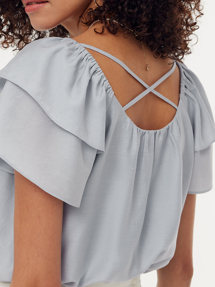 Acetate Ruffle Sleeve Women T-Shirt GOELIA