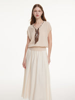Silky Scarf Neck Knit Top And Acetate Blend Skirt Two-Piece Set GOELIA