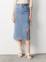 Blue High Waist Slit Denim Skirt GOELIA
