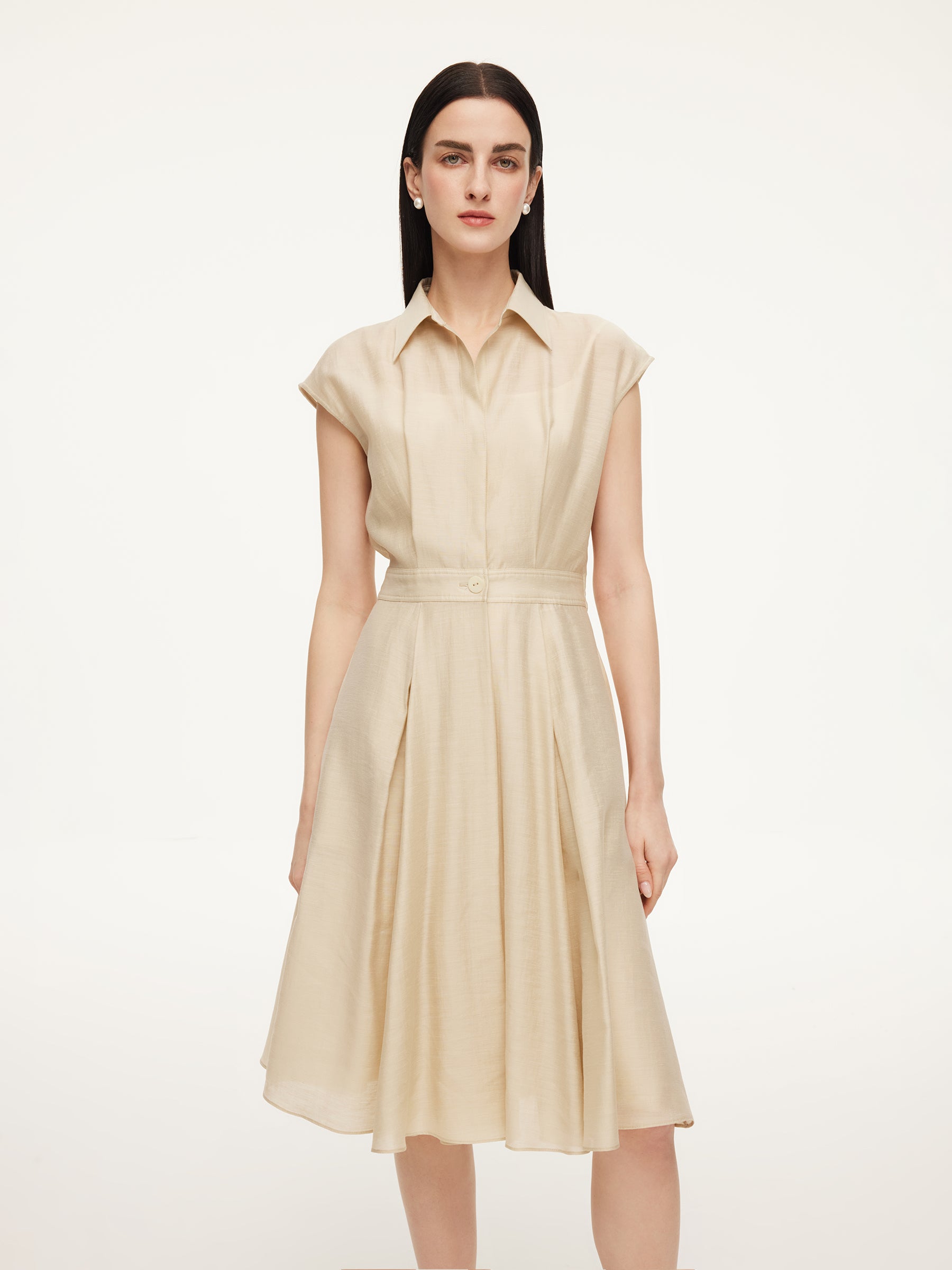 Tencel Acetate Linen Blend Cap Sleeve Women Midi Dress GOELIA