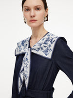 V-Neck Belted Women Maxi Dress With Detachable Floral Print Silk Collar GOELIA