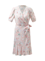 19匁マルベリーシルクマッププリントフリルラップショートワンピース  