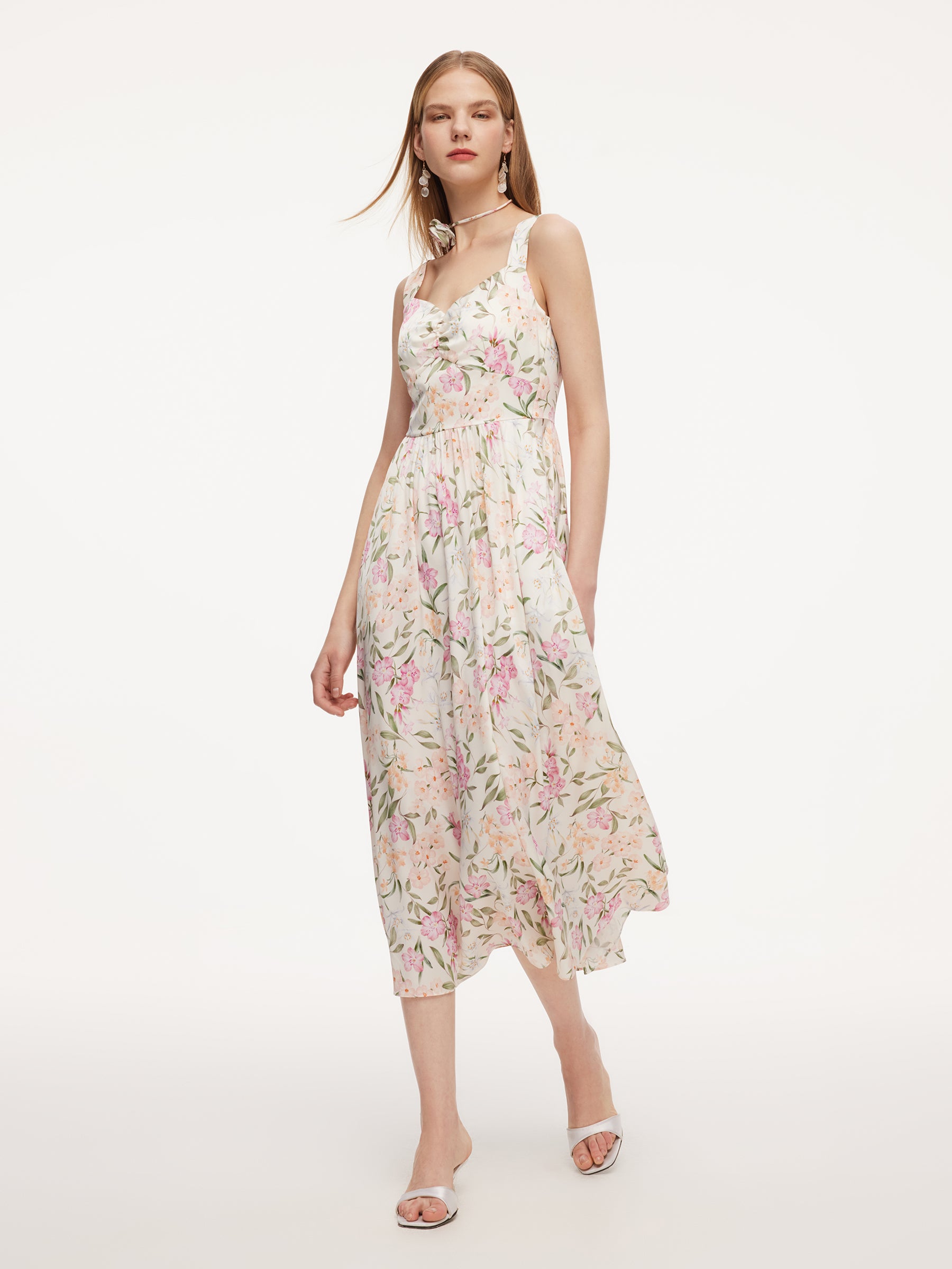 19MM Mulberry Silk Floral Print Women Maxi Dress With Ribbon GOELIA