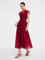 Tencel Blend Women Ruffle Cap Sleeve Maxi Dress With Sash GOELIA