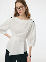 Boat Neck 3/4 Sleeve Women Blouse With Belt GOELIA