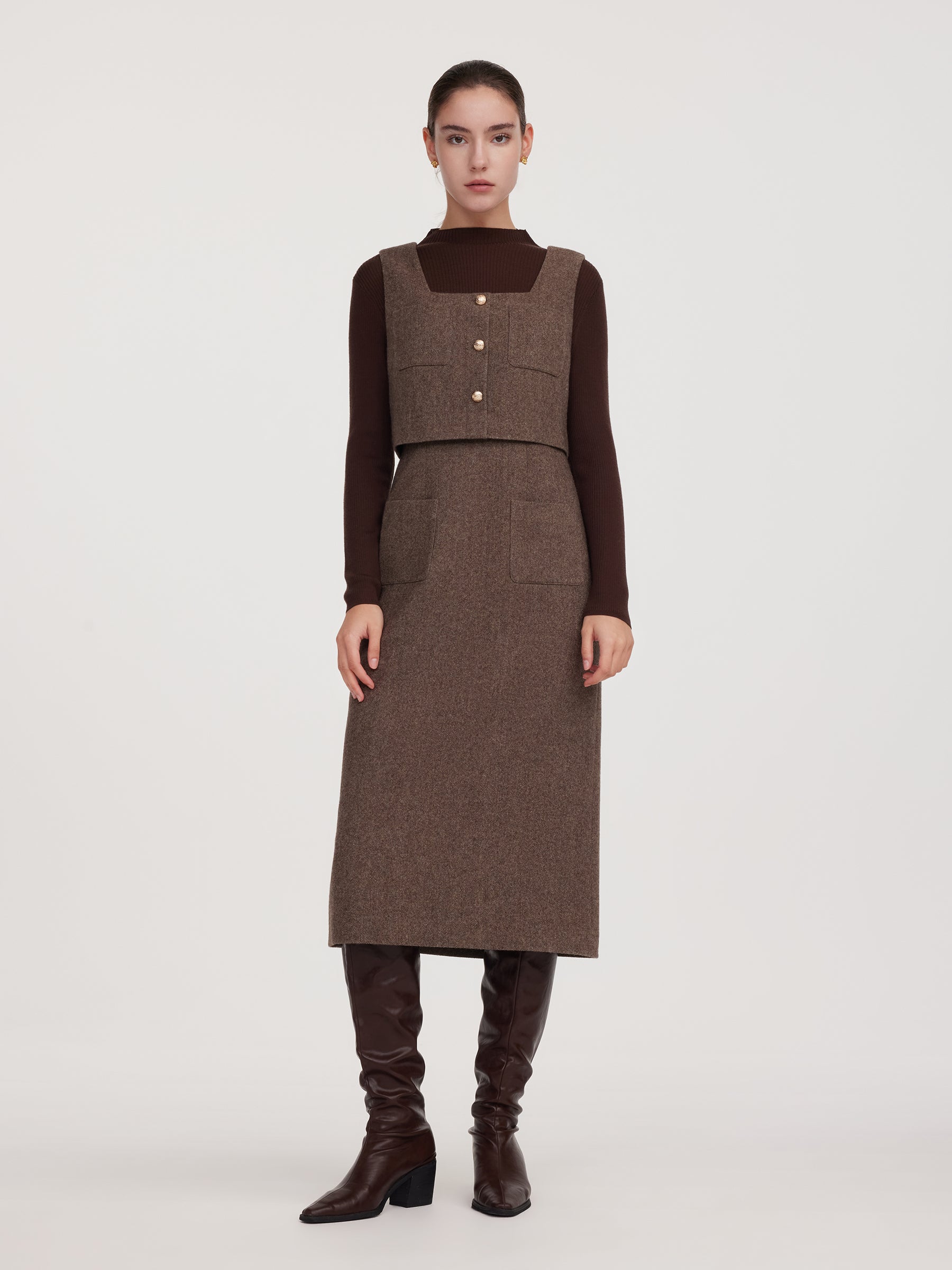 100% Washable Wool Knit Top And Sleeveless Dress Two-Piece Set GOELIA