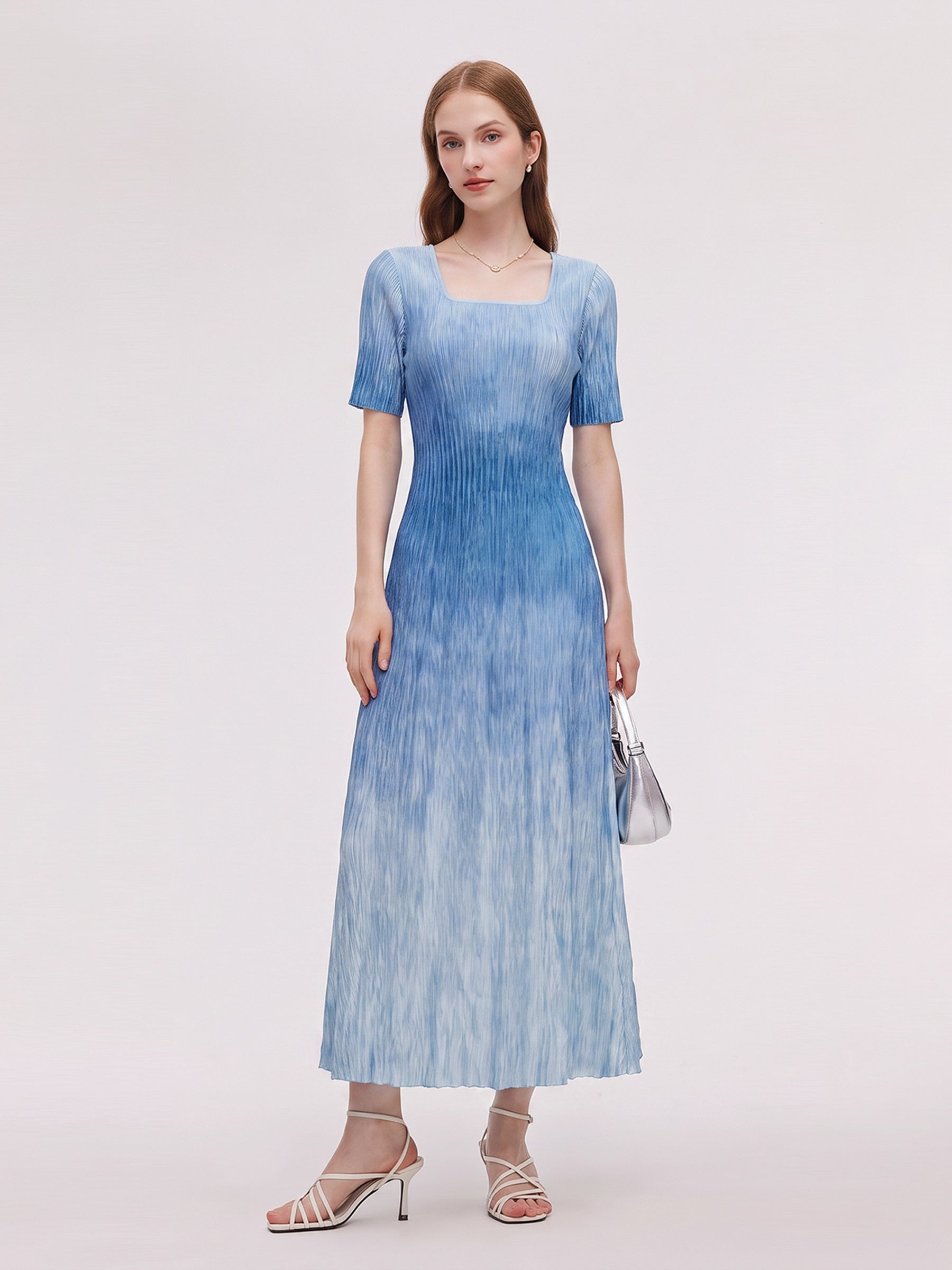 Blue And White Gradient Women Pleated Maxi Dress GOELIA