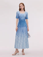 Blue And White Gradient Women Pleated Maxi Dress GOELIA