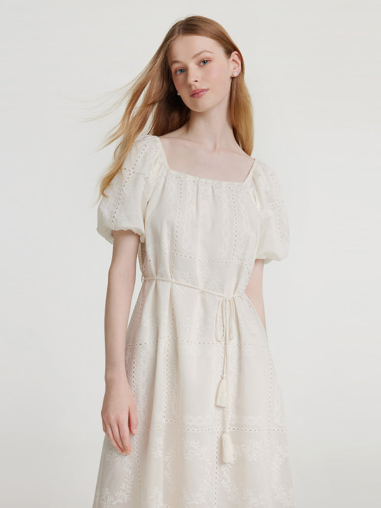 Square Neck Embroidered Dress With Belt GOELIA