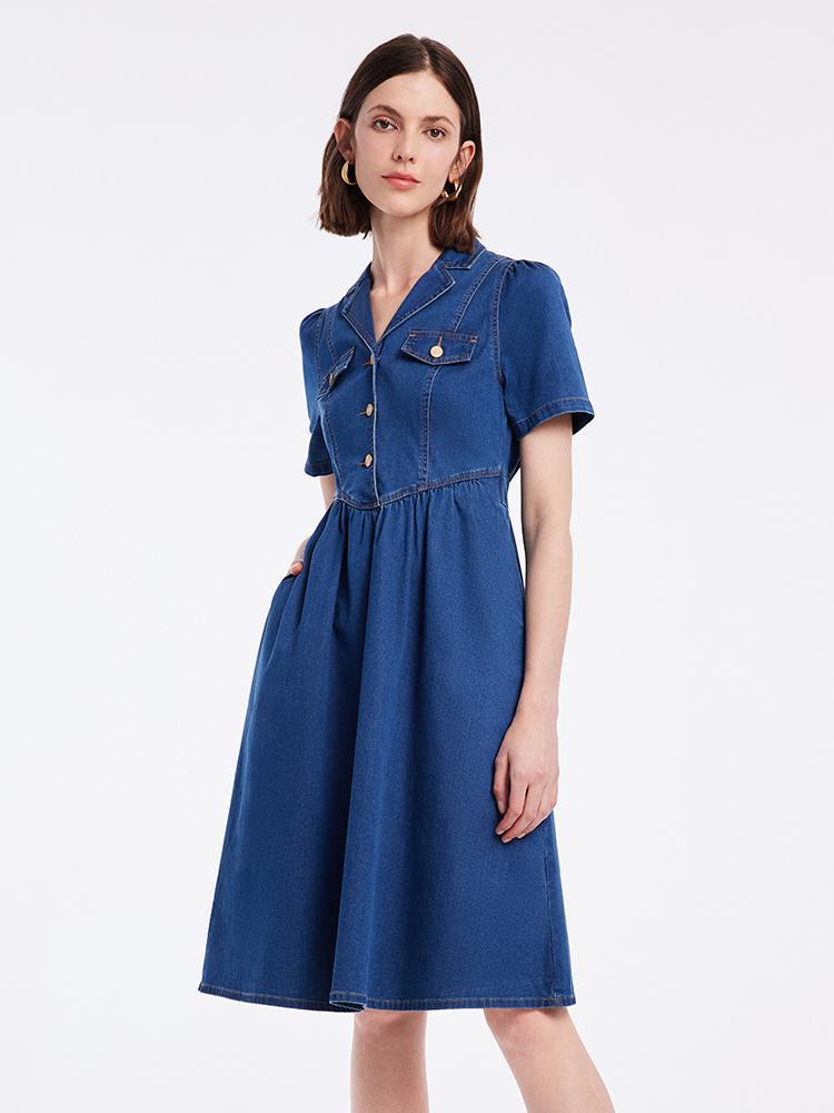 V-neck Gathered Waist Denim Midi Collared Dress GOELIA