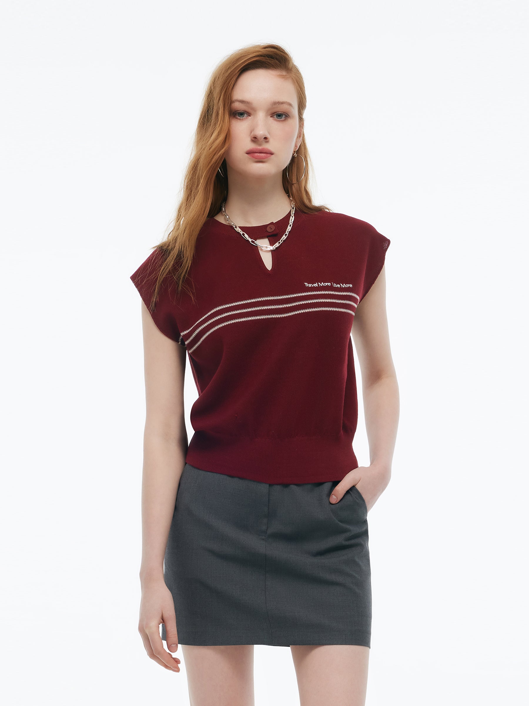 Tencel Blend Stripe Letter Print Women Cap Sleeve Knit Top GOELIA