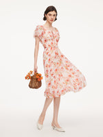10MM Mulberry Silk Rose Print Women Midi Dress With Scrunchie GOELIA