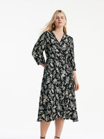 Camellia Printed V-Neck Ruffle Hem Women Midi Wrap Dress GOELIA
