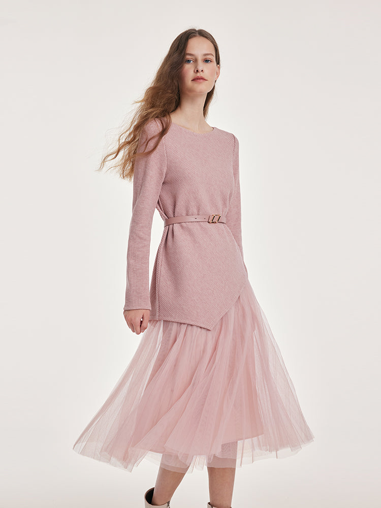 2Pcs Set Tucked Asymmetrical Hem Top & A-Line Pull-On Skirt