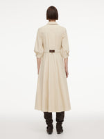 Cotton Blend 3/4 Ruched Sleeve Women Belted Maxi Shirt Dress With Silk Scarf GOELIA