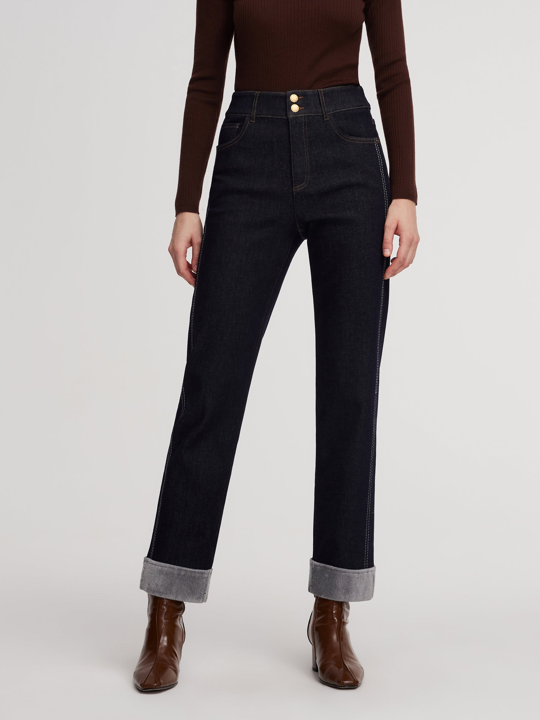 Denim High-Waisted Fleece Lined Women Folded Jeans GOELIA