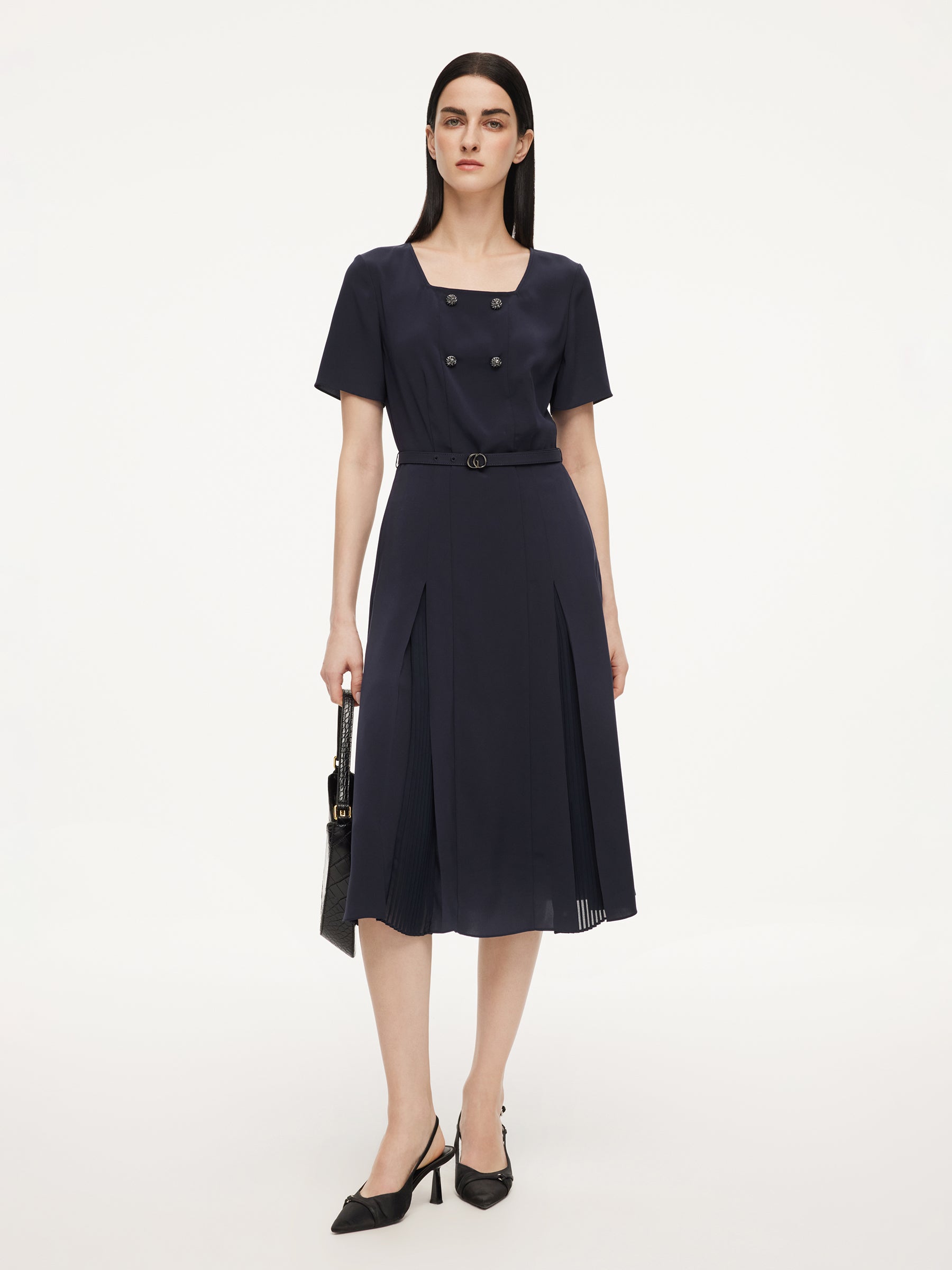Triacetate Blend Square Neck Women Midi Dress With Belt GOELIA
