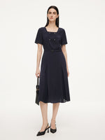 [Preview] Triacetate Blend Square Neck Women Midi Dress With Belt GOELIA