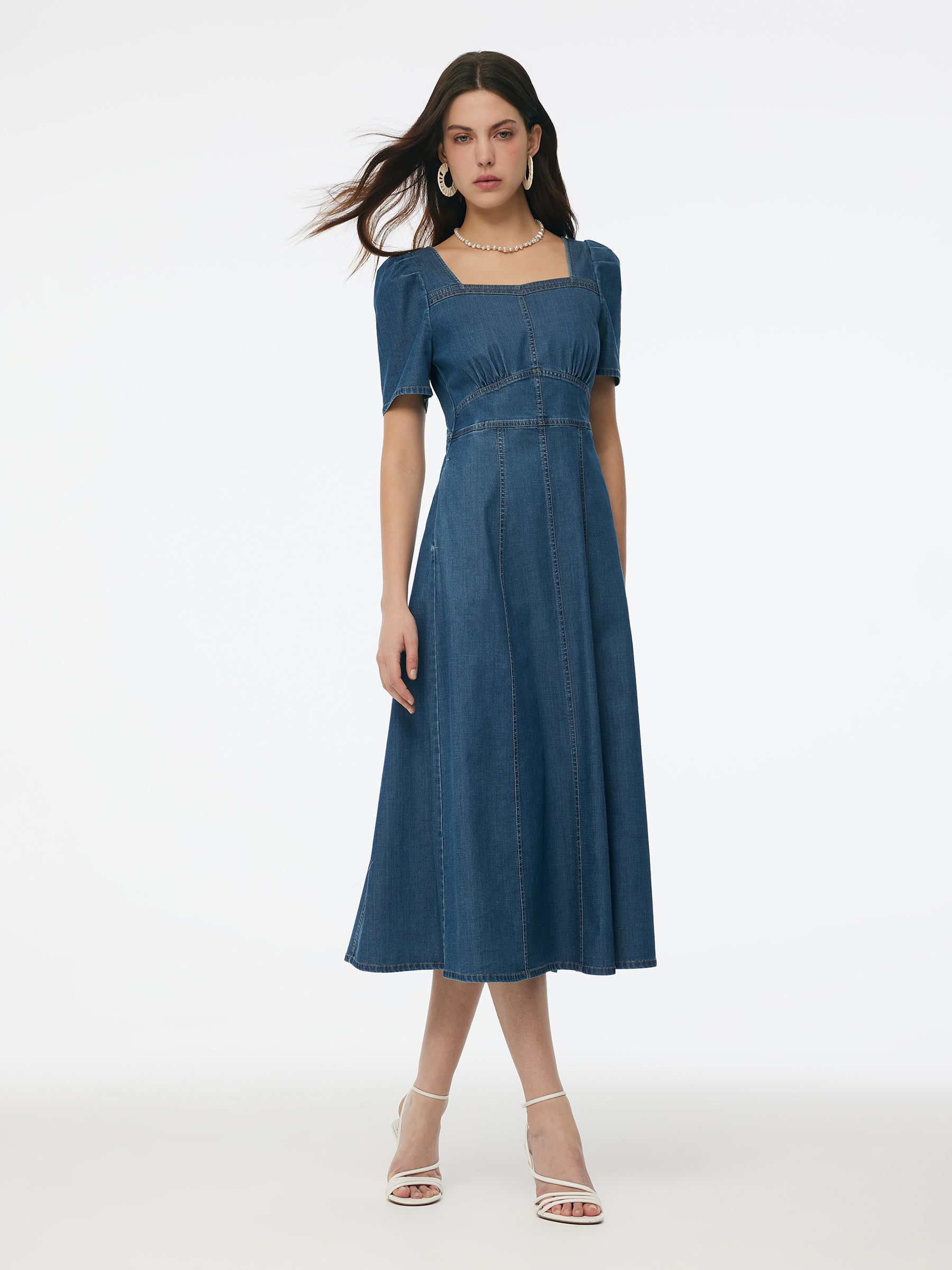Denim Stretch Women Square Neck Midi Dress GOELIA