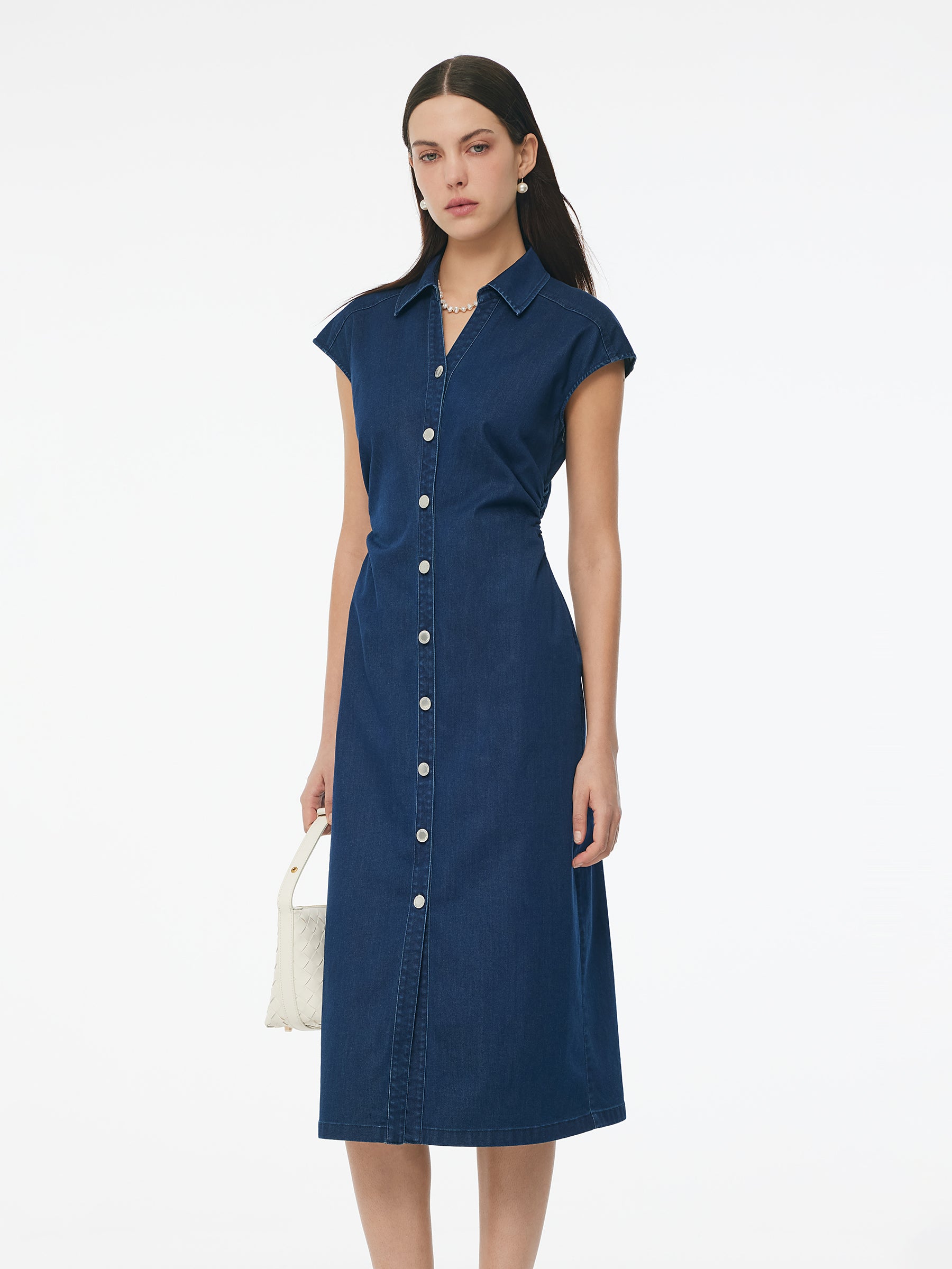 Denim Side Twist Women Cap Sleeve Stretchy Midi Dress GOELIA