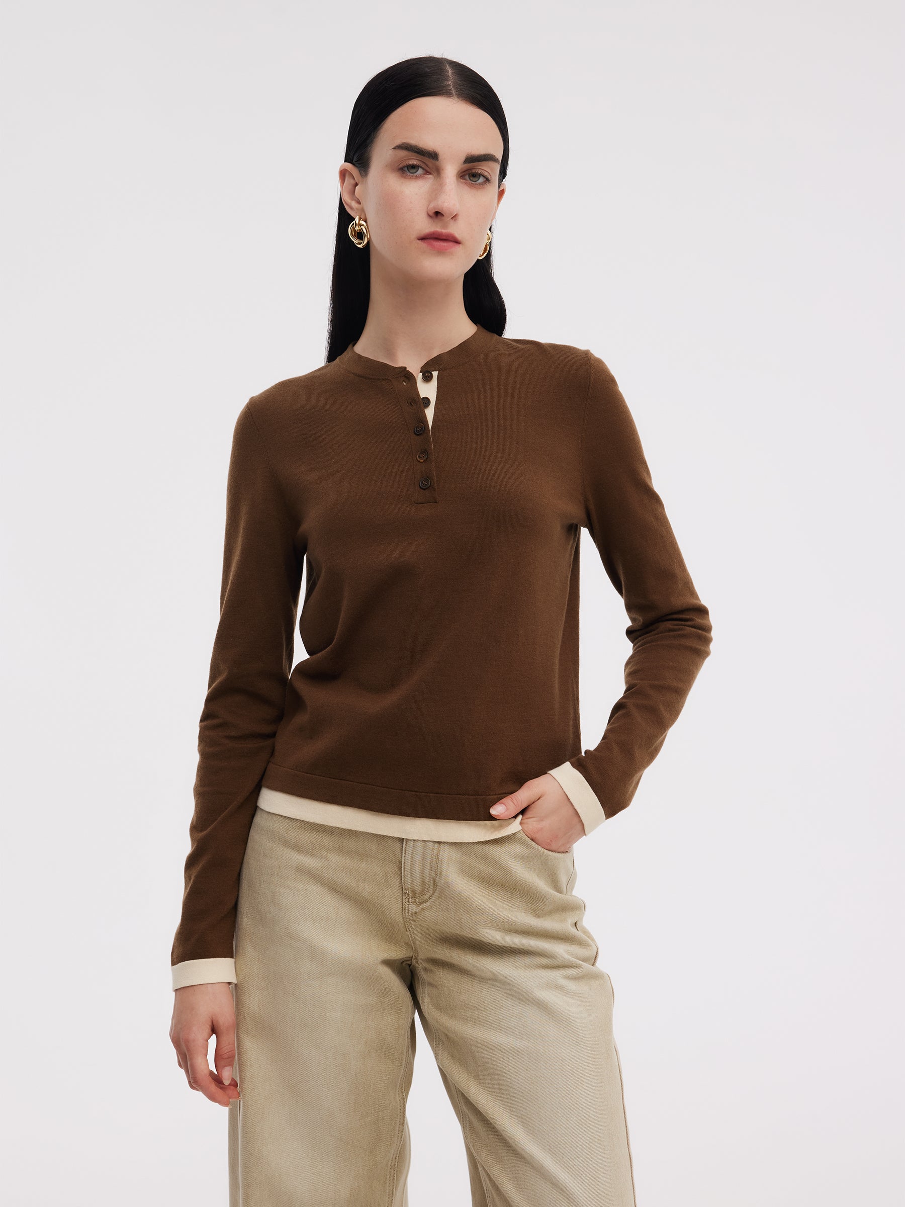 Tencel Wool Blend Color Block Women Mock Layered Knit Top GOELIA