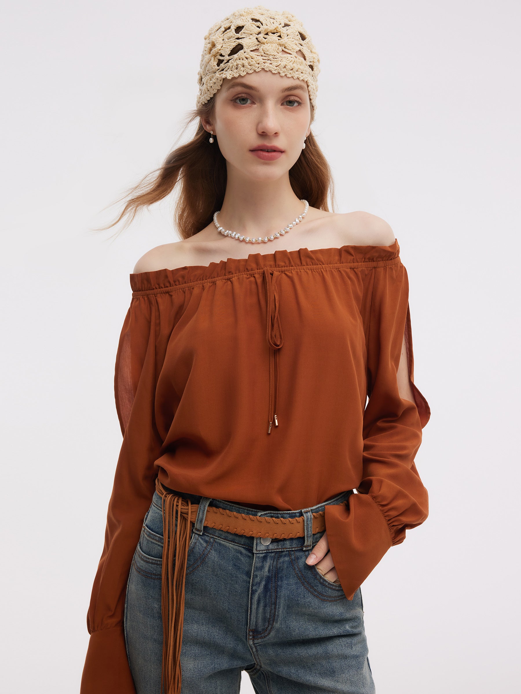 Tencel Acetate Blend Women Off Shoulder Blouse GOELIA