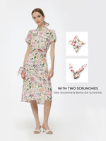 19MM Mulberry Silk Floral Print Side Twist Women Qipao Midi Dress GOELIA