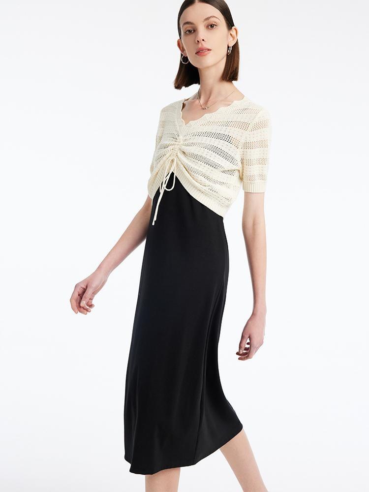 V-Neck Pleated Top And Dress Two-Piece Suit GOELIA