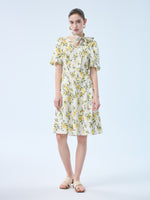 Cotton Lemon Print V-Neck Women Belted Midi Dress GOELIA
