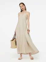 100% Linen Women Backless Strap Maxi Dress GOELIA