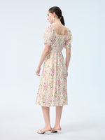 19MM Mulberry Silk Floral Print Women Square Neck Midi Dress GOELIA