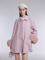 [Preview] Tencel Wool Tie-Neck Women Coat With Detachable Fur Cuffs GOELIA