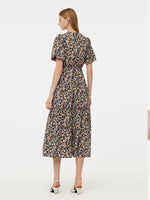 Cotton Puff Sleeve Drawstring Waist Floral Print Women Midi Dress GOELIA