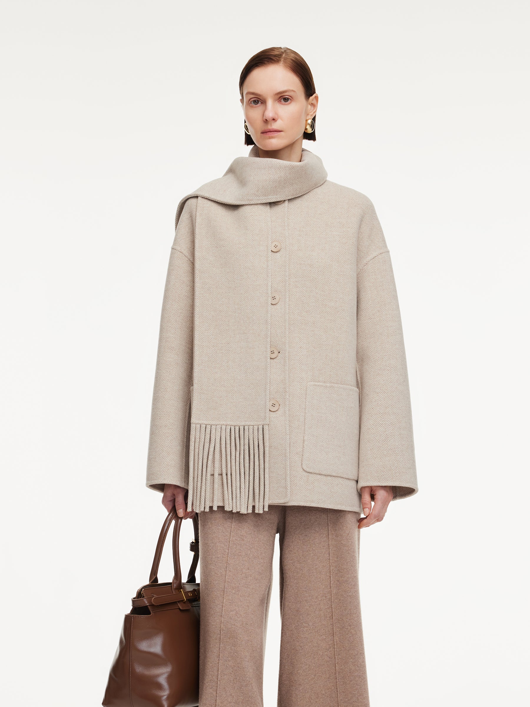 Cashmere Wool Blend Women Coat With Fringe Scarf GOELIA