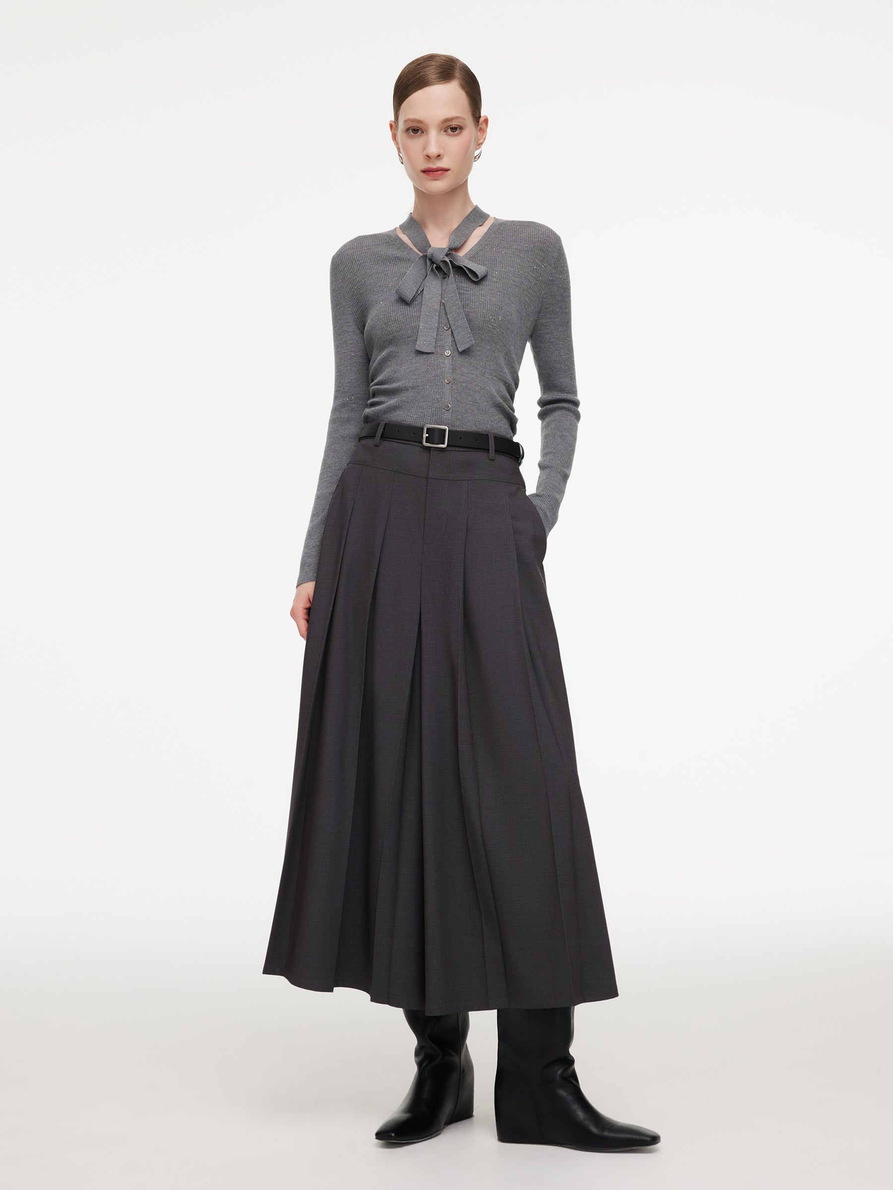 A-Line Pleated Women Culottes With Belt GOELIA