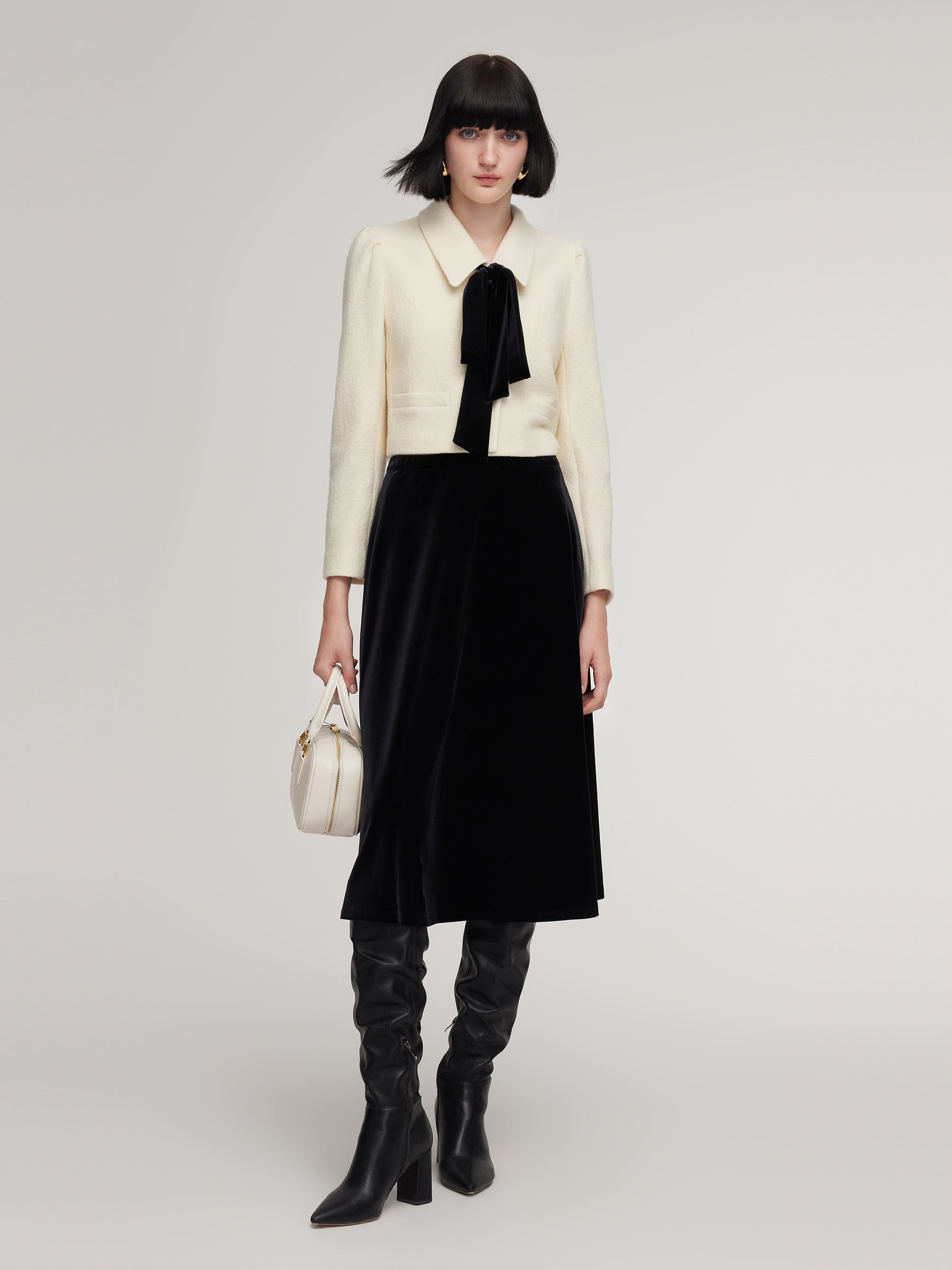 [Preview] 100% Wool Jacket And Velvet Skirt Two-Piece Set With Ribbon GOELIA