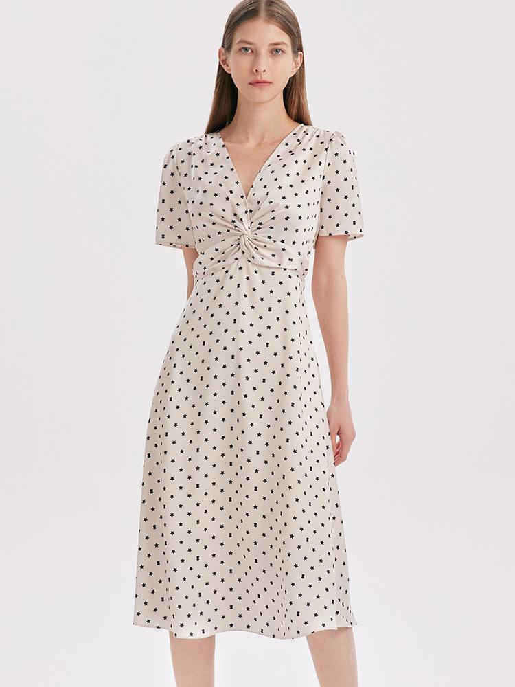 Beige Combo Print V-Neck Twisted Polka Dot Midi Dress, Beige Combo Print / S