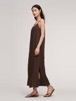 100% Linen Women Strap Maxi Dress With Tie String Belt GOELIA