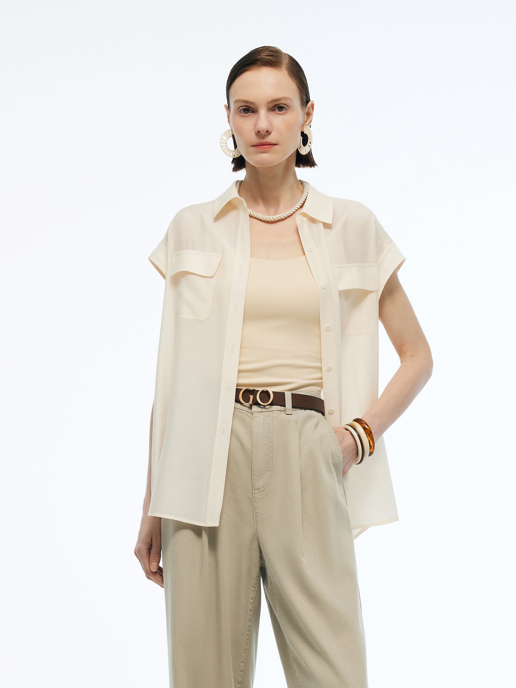 Acetate Blend Women Cap Sleeve Sheer Shirt GOELIA