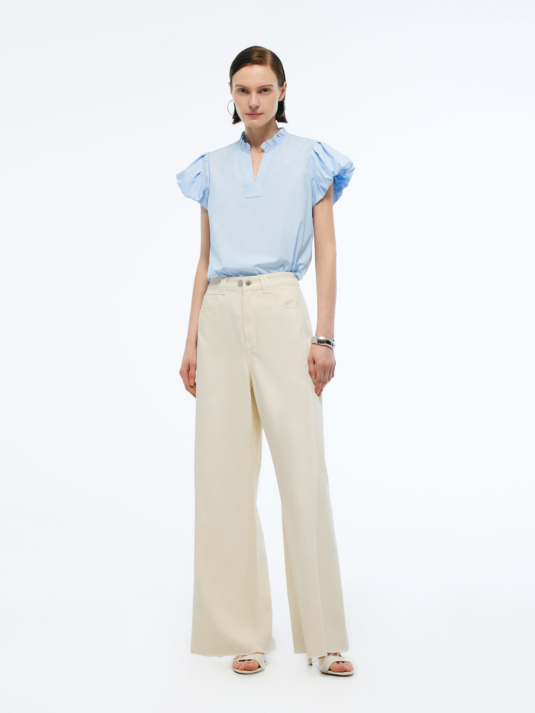 Ruffle Collar V-Neck Women Puff Sleeve Blouse GOELIA