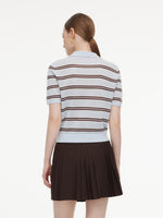 Navy Combo Stripe Women Polo Knit Top GOELIA