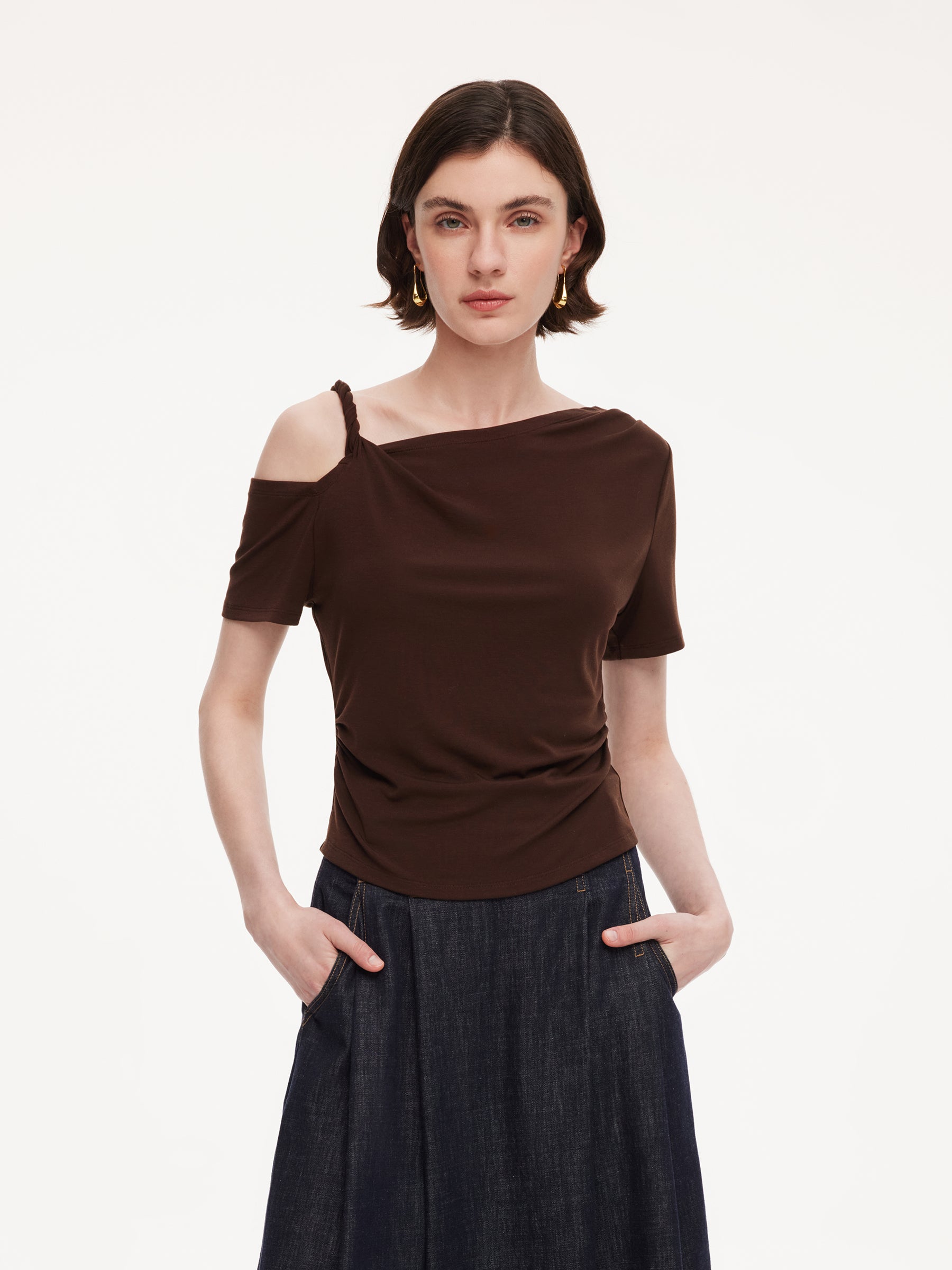 Tencel Blend Stretch One-Shoulder Women Knit Top GOELIA