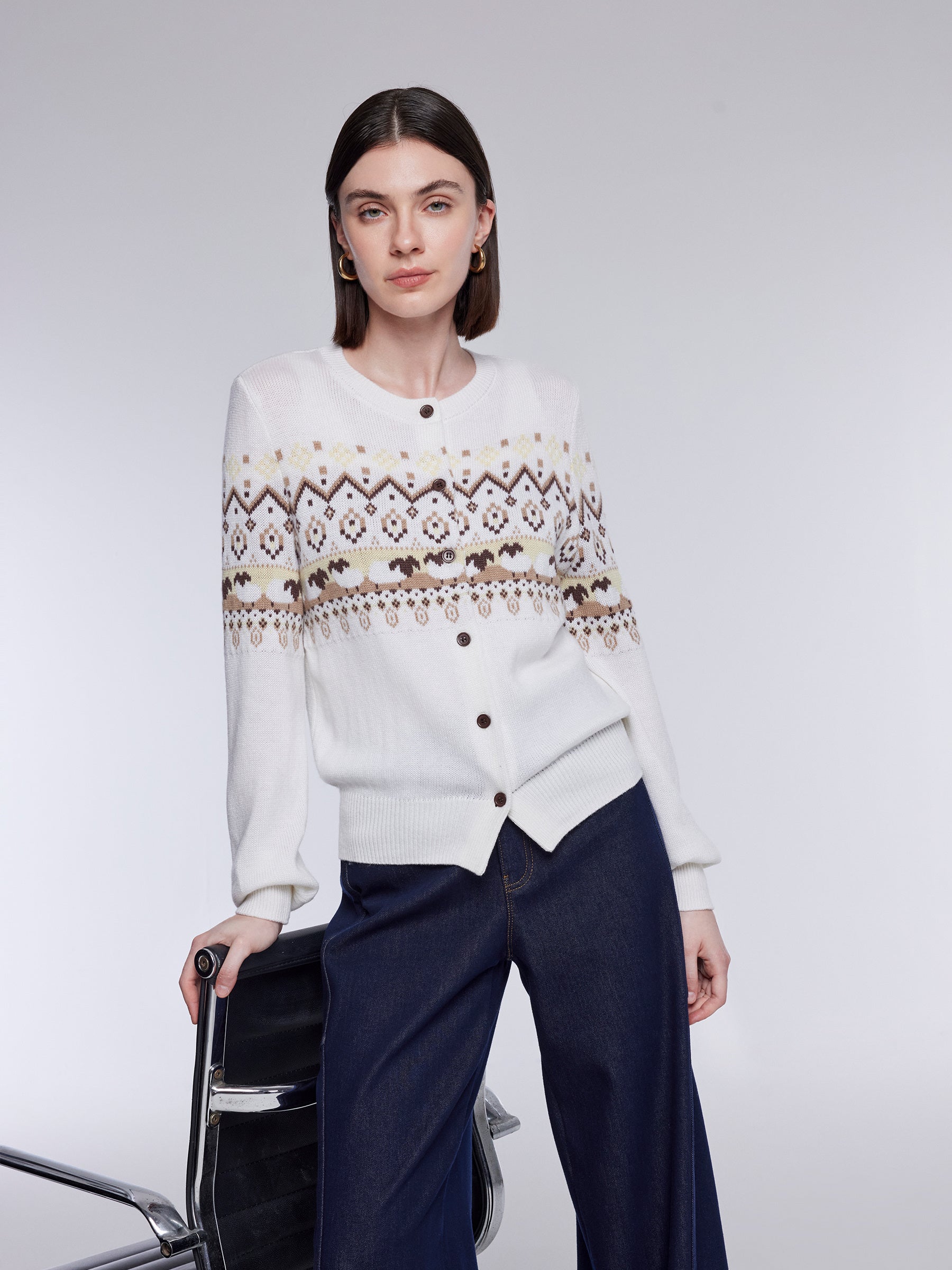 [Preview] Wool Blend Sheep Fair Isle Women Cardigan GOELIA